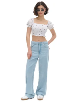 Cropp Koszule, Bluzki*Biała bluzka crop top w kwiaty biały