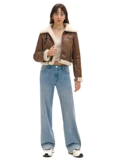 Cropp Kurtki, Płaszcze|Kożuszki, Futerka*Brązowa kurtka biker z kożuchem beżowy