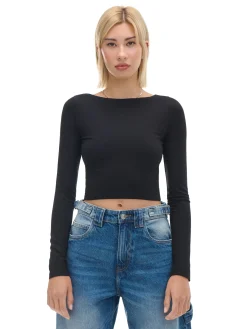 Cropp Koszulki, Topy*Czarna bluzka longsleeve z wiskozą czarny