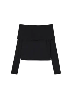 Cropp Koszulki, Topy*Czarna bluzka z hiszpańskim dekoltem czarny