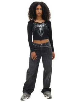 Cropp Koszulki, Topy*Czarna bluzka z wiązaniem i nadrukiem czarny