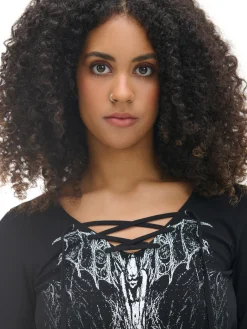 Cropp Koszulki, Topy*Czarna bluzka z wiązaniem i nadrukiem czarny