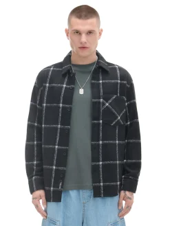 Cropp Koszule*Czarna kraciasta koszula z domieszką wełny czarny