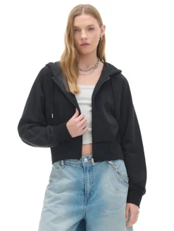 Cropp Bluzy*Czarna rozpinana bluza kapturem czarny