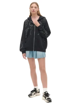 Cropp Bluzy*Czarna rozpinana bluza z aplikacjami czarny