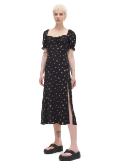 Cropp Sukienki, Kombinezony*Czarna sukienka midi w kwiaty czarny