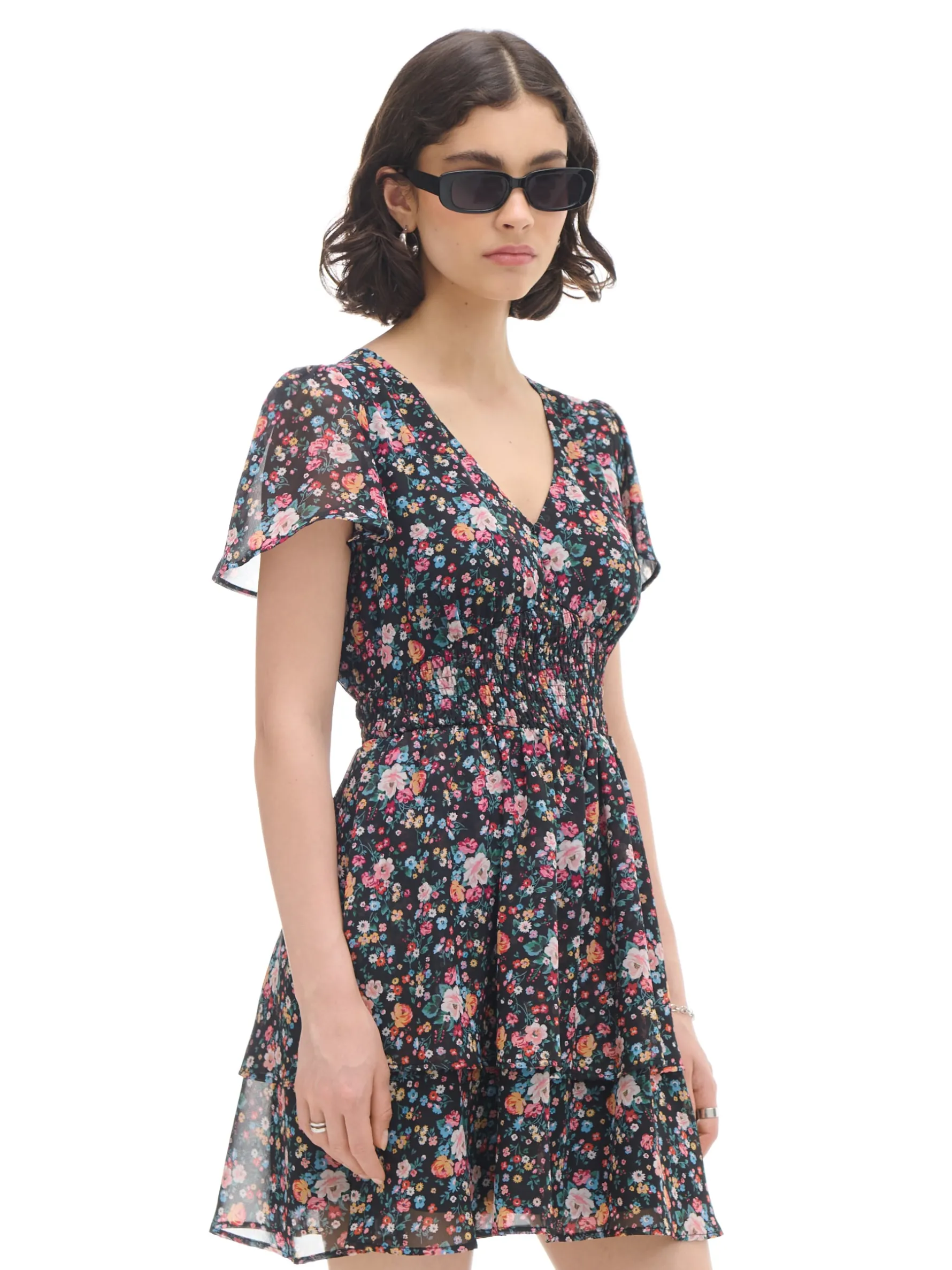 Cropp Sukienki, Kombinezony*Czarna sukienka mini w kwiaty czarny