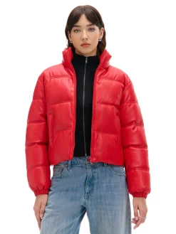 Cropp Kurtki, Płaszcze*Czerwona kurtka puffer z efektem skóry czerwony