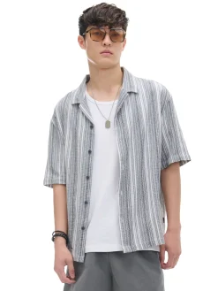 Cropp Koszule*Koszula z krótkim rękawem w paski jasnyszary