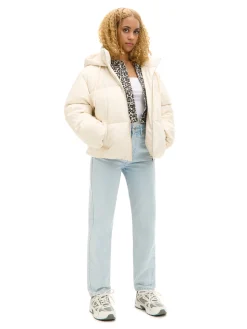 Cropp Kurtki, Płaszcze*Kremowa kurtka puffer z kapturem kremowy