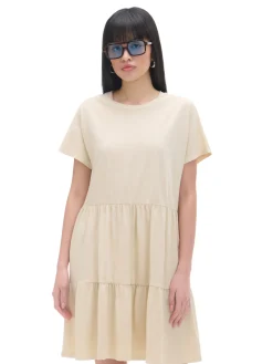 Cropp Sukienki, Kombinezony*Kremowa sukienka mini z marszczeniami kremowy