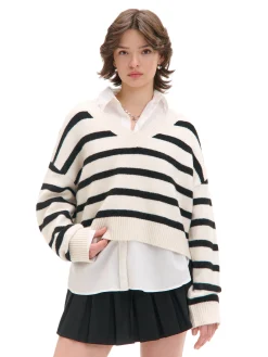 Cropp Swetry*sweter w czarne paski kremowy