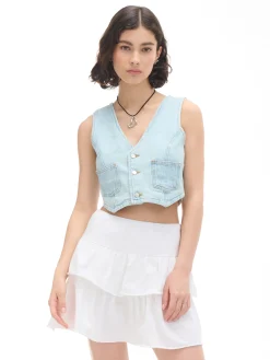 Cropp Kurtki, Płaszcze|Sety*Krótka jeansowa kamizelka niebieski