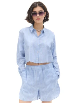Cropp Koszule, Bluzki*Niebieska krótsza koszula w pionowe paski błękitny