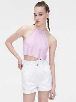 Cropp Koszule, Bluzki*Różowy crop top z ozdobnym wiązaniem fioletowy