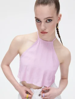 Cropp Koszule, Bluzki*Różowy crop top z ozdobnym wiązaniem fioletowy