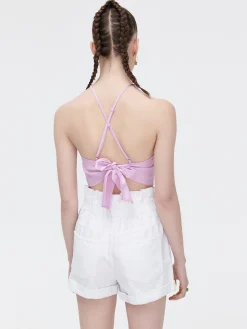 Cropp Koszule, Bluzki*Różowy crop top z ozdobnym wiązaniem fioletowy