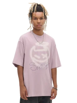 Cropp Koszulki*Różowy T-shirt z nadrukiem fioletowy