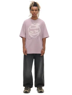 Cropp Koszulki*Różowy T-shirt z nadrukiem fioletowy