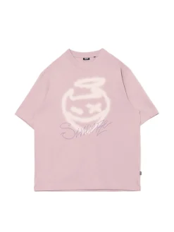 Cropp Koszulki*Różowy T-shirt z nadrukiem fioletowy