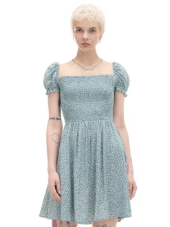 Cropp Sukienki, Kombinezony*Sukienka mini z bufiastymi rękawami i kwiatowym nadrukiem zielony