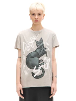 Cropp Koszulki, Topy*Szara koszulka z kotem jasnyszary