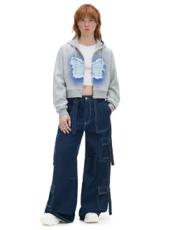 Cropp Bluzy*Szara krótka bluza z motylem jasnyszary