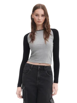 Cropp Koszulki, Topy|Koszule, Bluzki*Szaro-czarna bluzka z długim rękawem jasnyszary